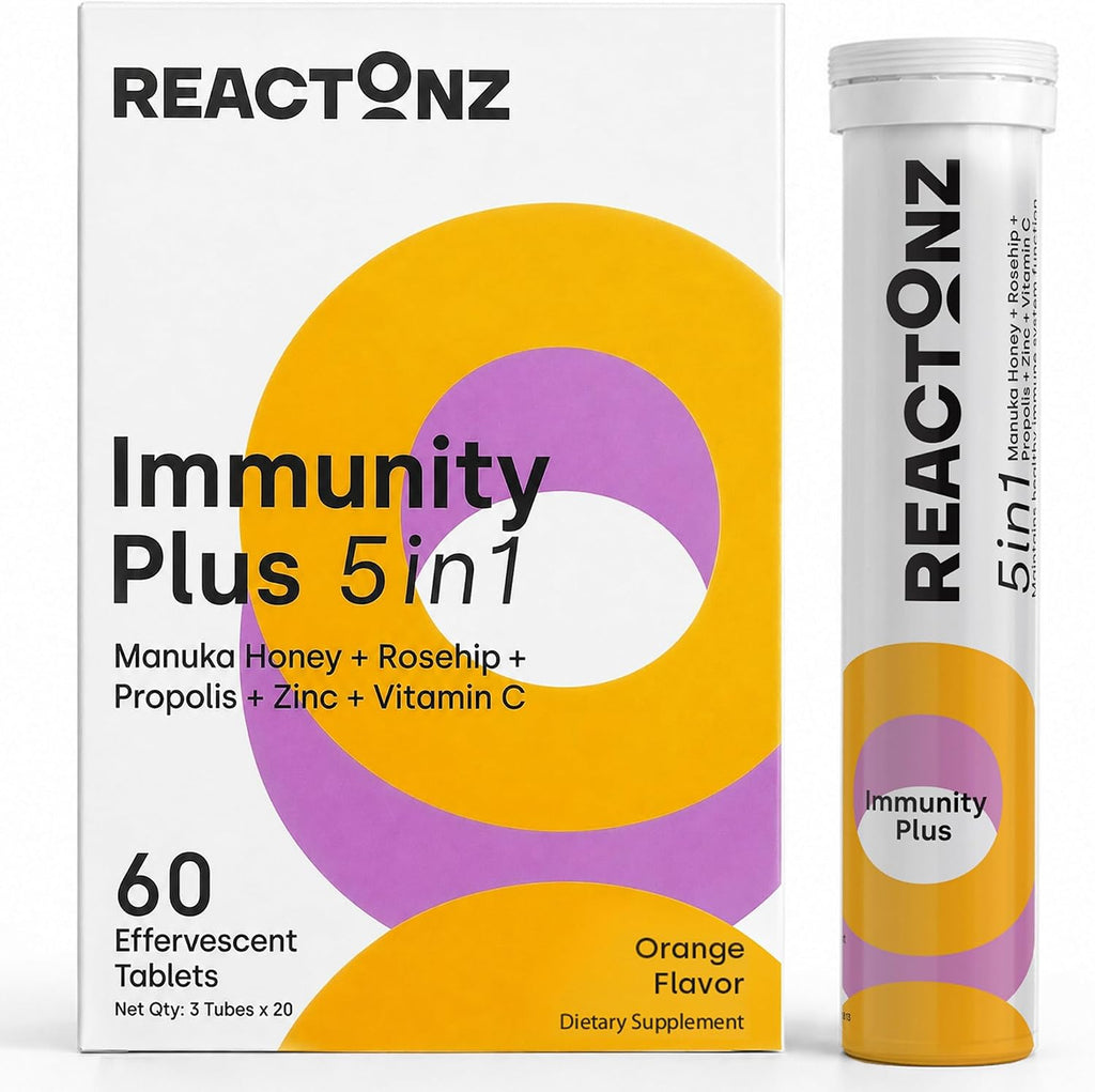 REACTONZ 5 in 1 Immunity Plus – Immune Support & Antioxidant Supplement – Vitamin C, Zinc, Manuka Honey, Rosehip & Propolis – Natural Zesty Orange Flavor – 20 Day Supply Effervescent Tablets