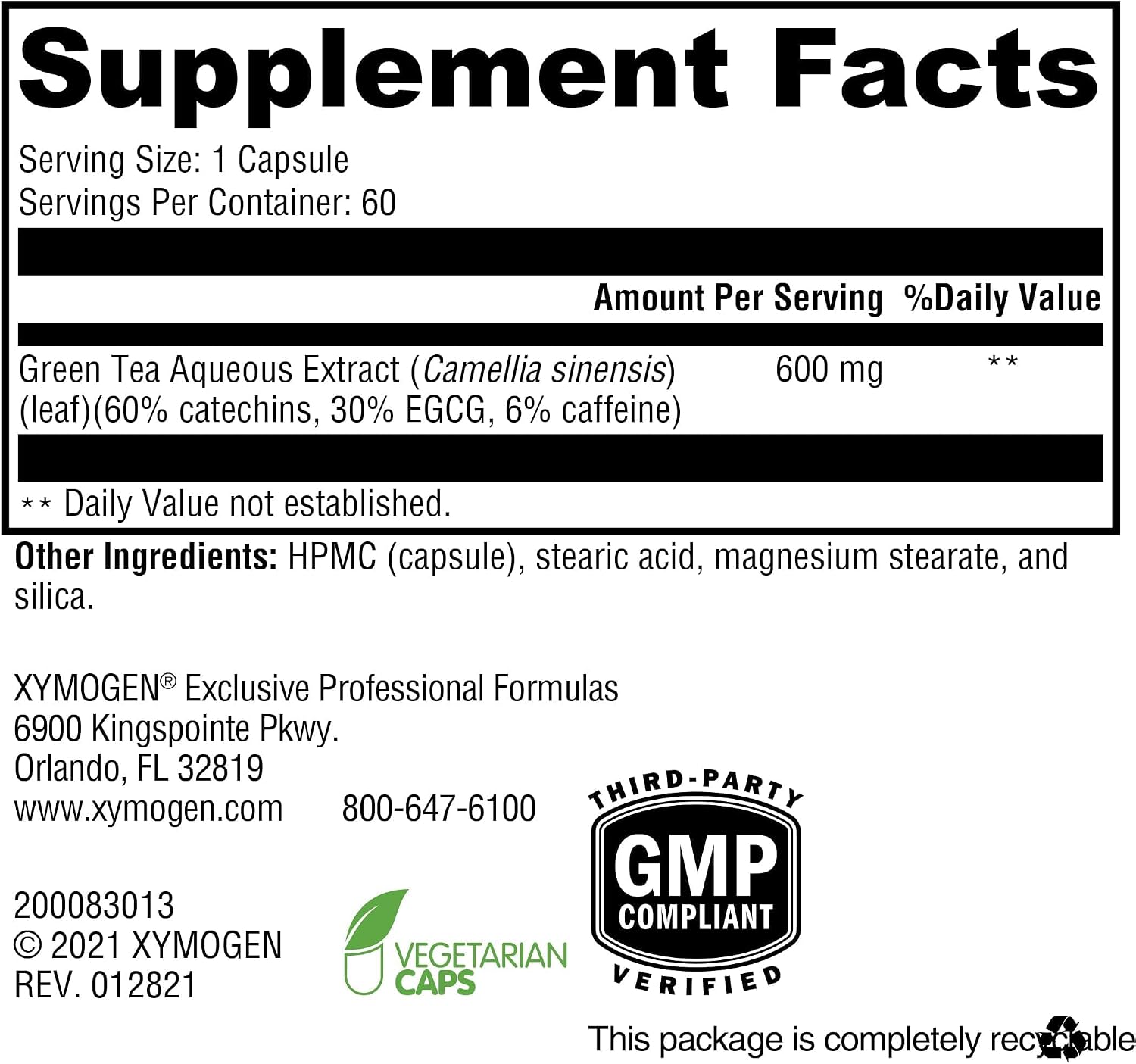 XYMOGEN Té Verde 600 - Green Tea Extract, 600 mg, 60 Cápsulas Vegetarianas