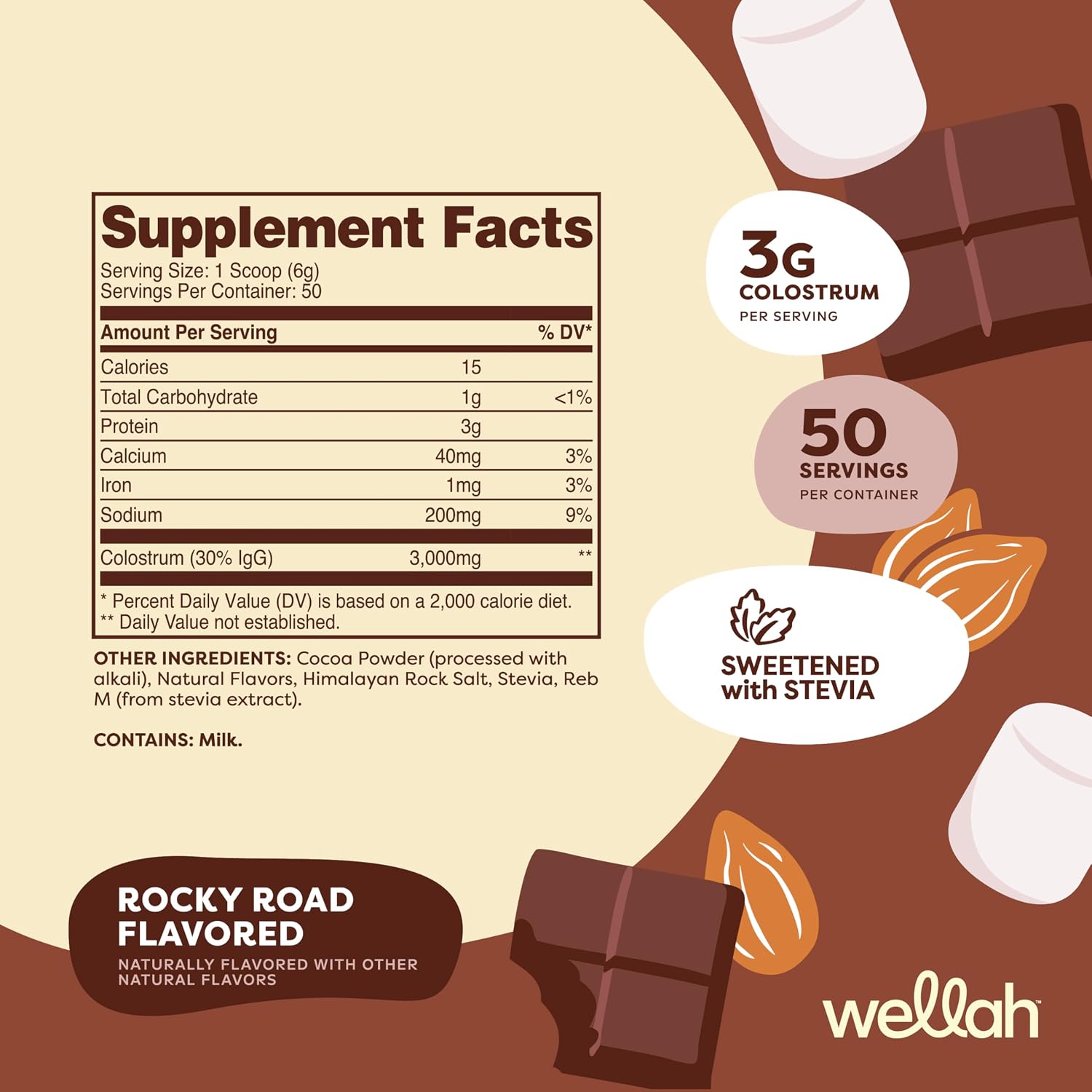 Wellah Colostrum Sabor Rocky Road (50 Dosis) - Endulzado con Stevia, 3g de Calostro por Dosis, Complemento Alimenticio
