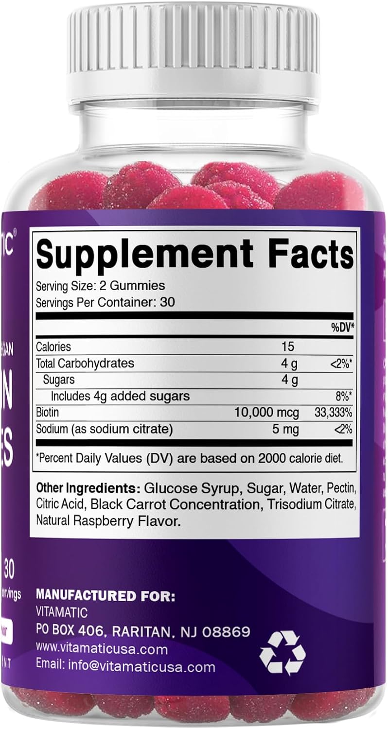 Vitamatic Biotina Gominolas 10,000 mcg para Cabello, Piel y Uñas - 60 Gominolas Veganas (2 Botellas)