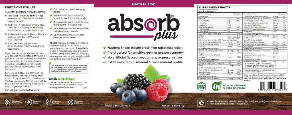 Absorb Plus Isolate Protein - Suplemento Proteico para la Salud Digestiva, Berry Fusion, 2.2 lbs