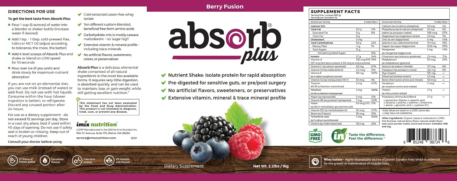 Absorb Plus Isolate Protein - Suplemento Proteico para la Salud Digestiva, Berry Fusion, 2.2 lbs