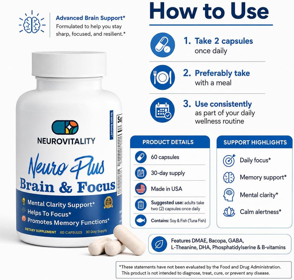 Neuro Plus Brain and Focus Formula – 40 Nootrópicos para Memoria, Enfoque y Claridad Mental (60 Cápsulas)