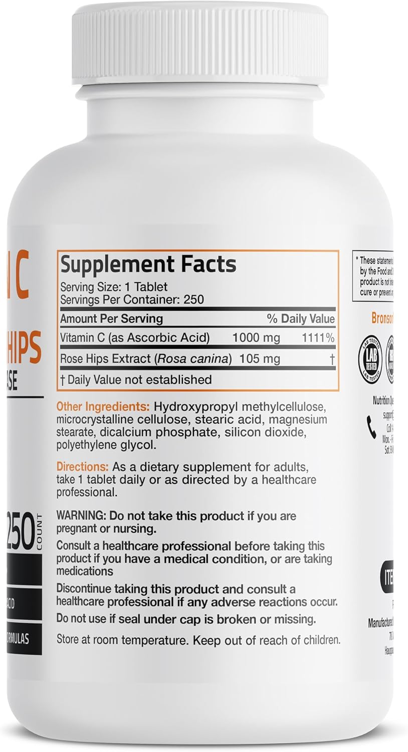 Bronson Vitamina C 1000 mg con Escaramujo - Liberación Sostenida, 250 Comprimidos