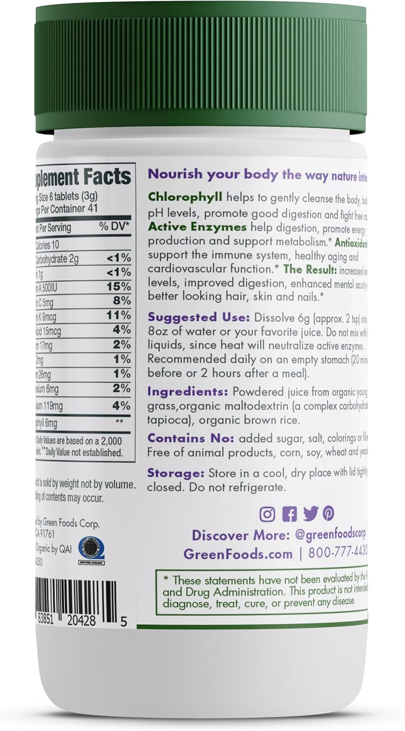 Green Foods Original Green Magma Suplemento Nutricional de Cebada Verde, 250 Comprimidos (500 mg c/u), Certificado Orgánico
