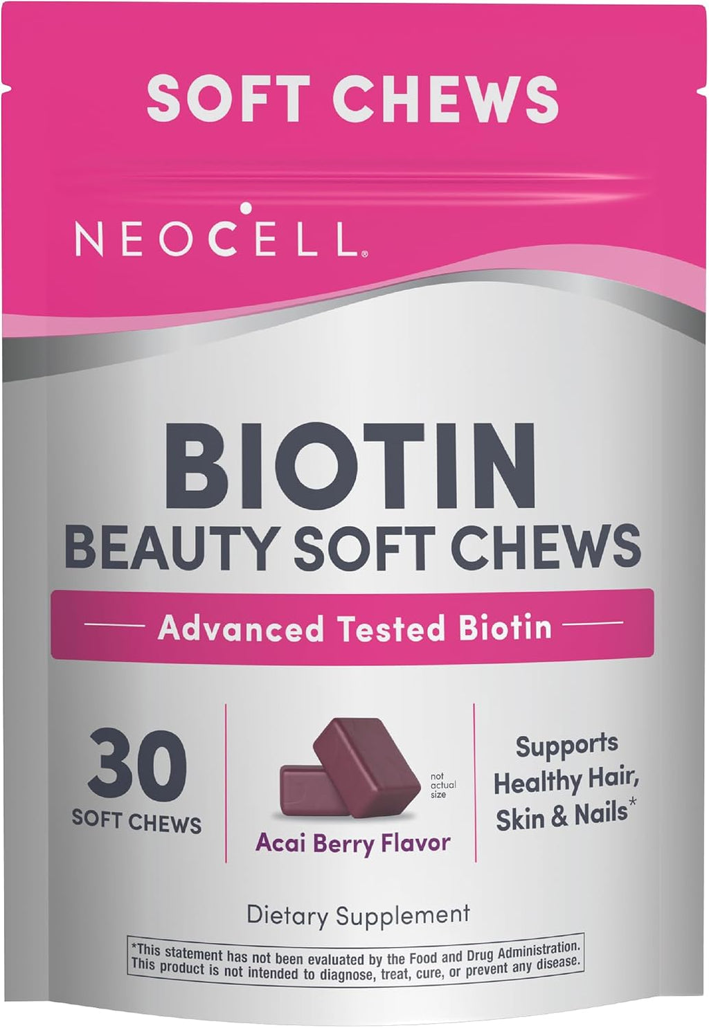 NeoCell Biotin Beauty Soft Chews | 30 Gomitas | 10000mcg | Cabello, Piel y Uñas | Sabor a Acai