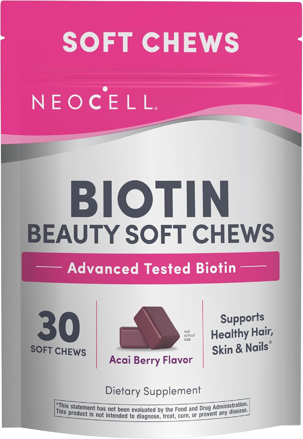 NeoCell Biotin Beauty Soft Chews | 30 Gomitas | 10000mcg | Cabello, Piel y Uñas | Sabor a Acai