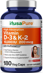 NusaPure 250 mg Vitamina D3 y 200 mcg K2 Cápsulas, 180 Cápsulas Vegetales (No GMO, Vegano)
