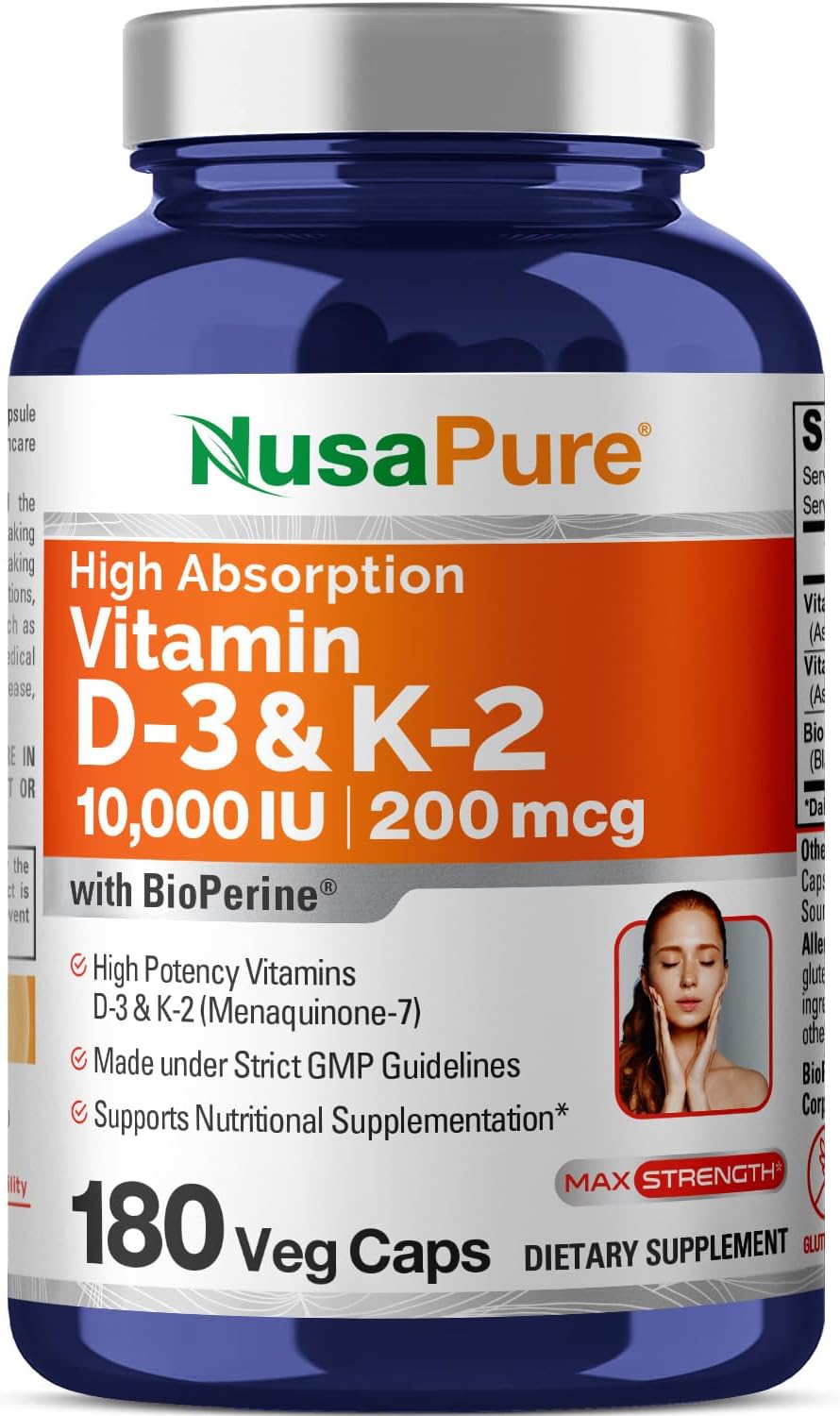 NusaPure 250 mg Vitamina D3 y 200 mcg K2 Cápsulas, 180 Cápsulas Vegetales (No GMO, Vegano)