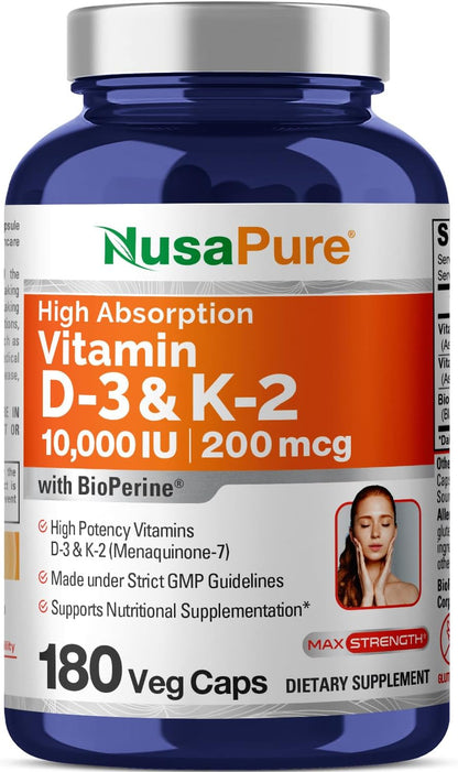 NusaPure 250 mg Vitamina D3 y 200 mcg K2 Cápsulas, 180 Cápsulas Vegetales (No GMO, Vegano) – Image 1