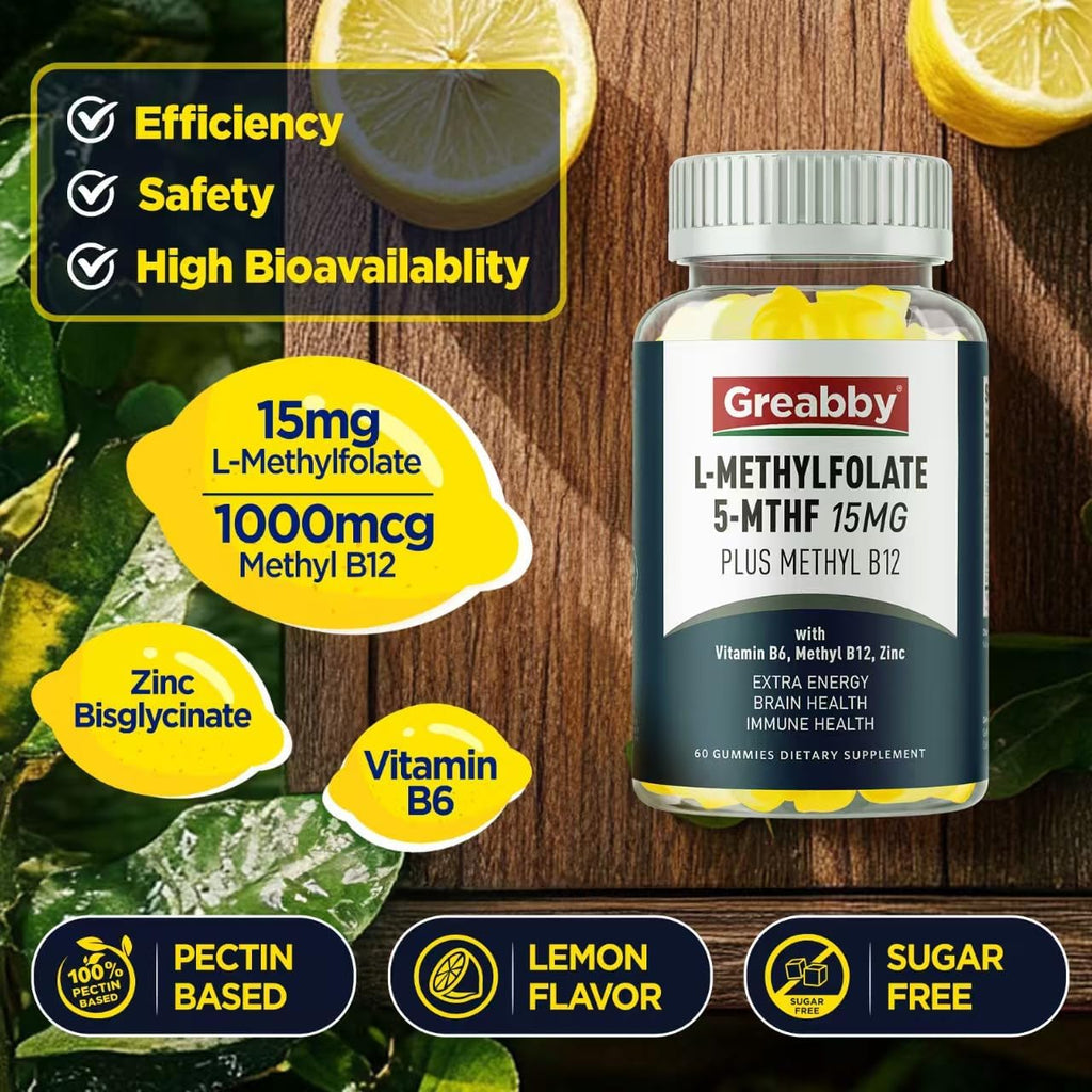 Gominolas de Metilfolato L con B12 Metilada - 5-MTHF 15 mg + Metilcobalamina 1000 mcg - 60 Gominolas Sin Azúcar