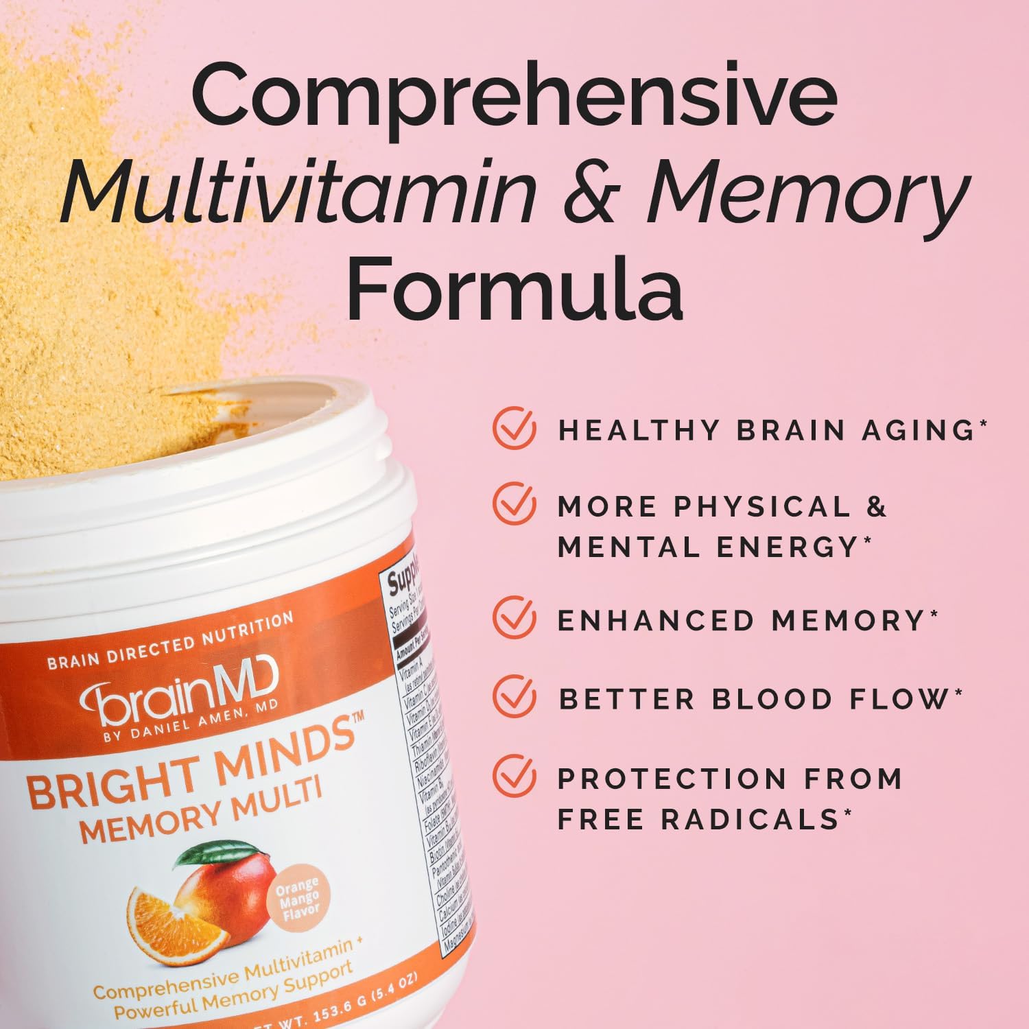 BRAINMD BRIGHT MINDS Memory Multi - Multivitamínico en polvo sabor Naranja Mango - 153 g (30 raciones)