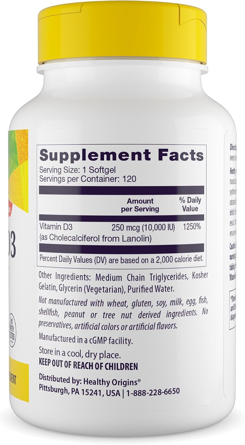 Healthy Origins Vitamina D3 10.000 UI (250 mcg), 120 Cápsulas Blandas