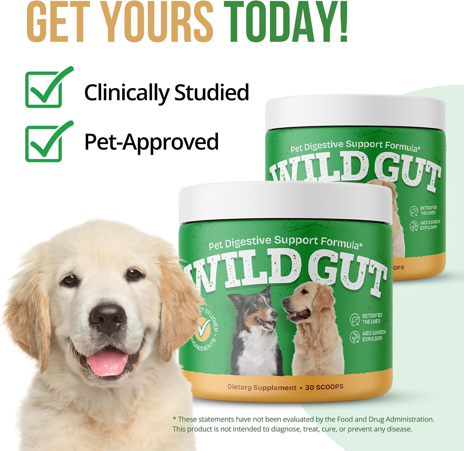 Wild Gut - Probiótico Natural para Perros y Gatos | 8 Cepas Probióticas | 3 Botes