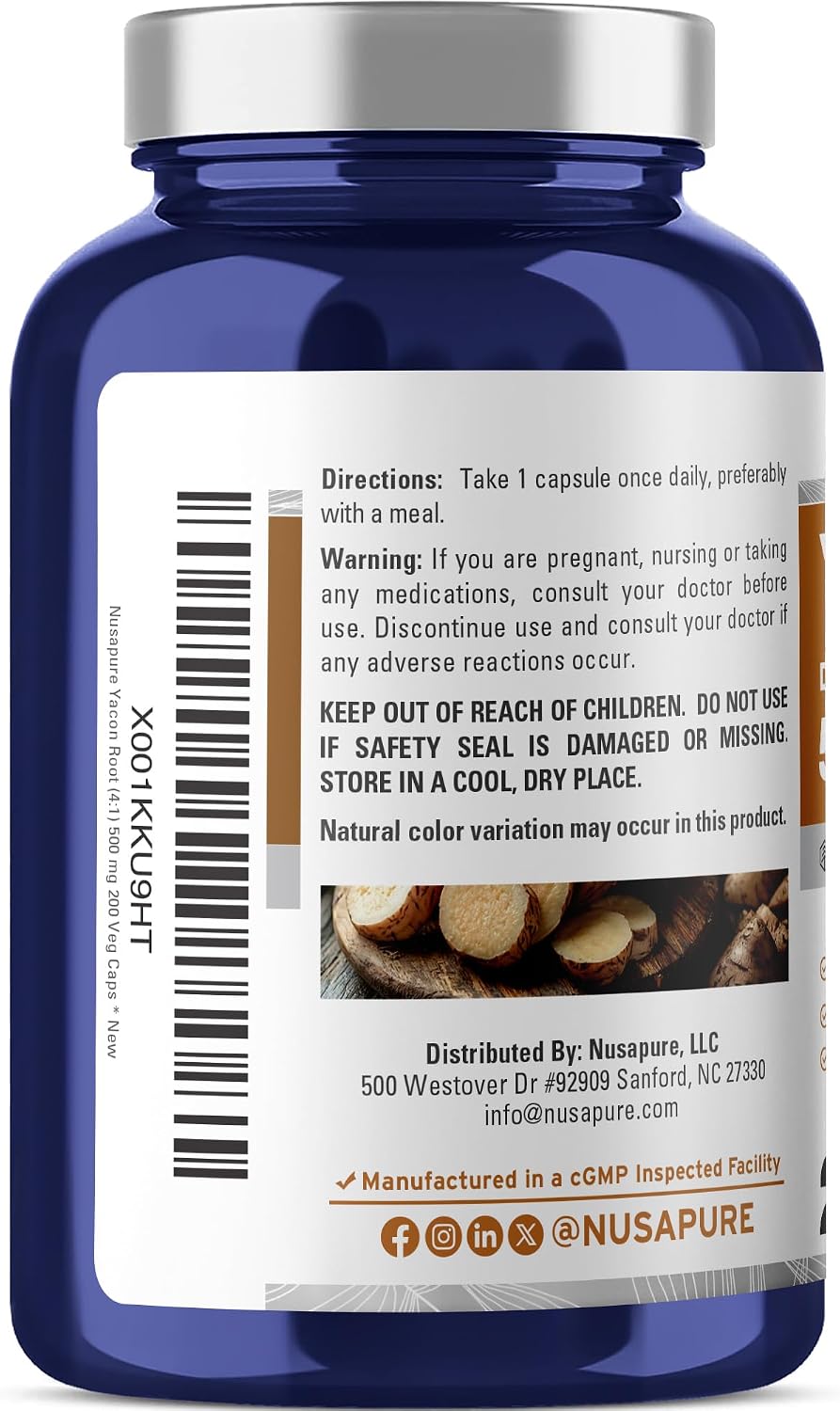 NusaPure Raíz de Yacón 500 mg, 200 Cápsulas Vegetales (No GMO, Vegano)