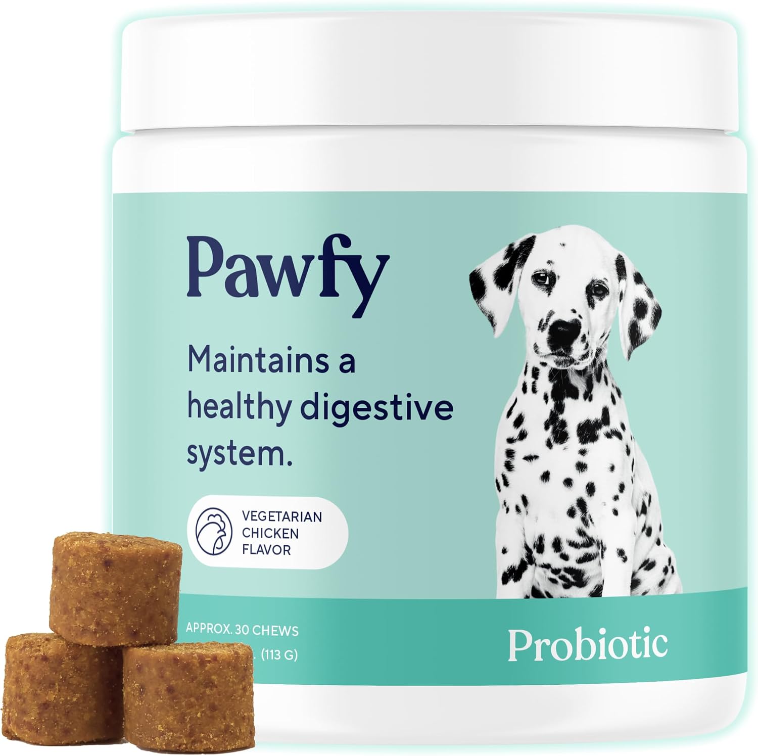 Pawfy Probióticos para Perros | Salud Digestiva y Piel | 30 Chews de Pollo