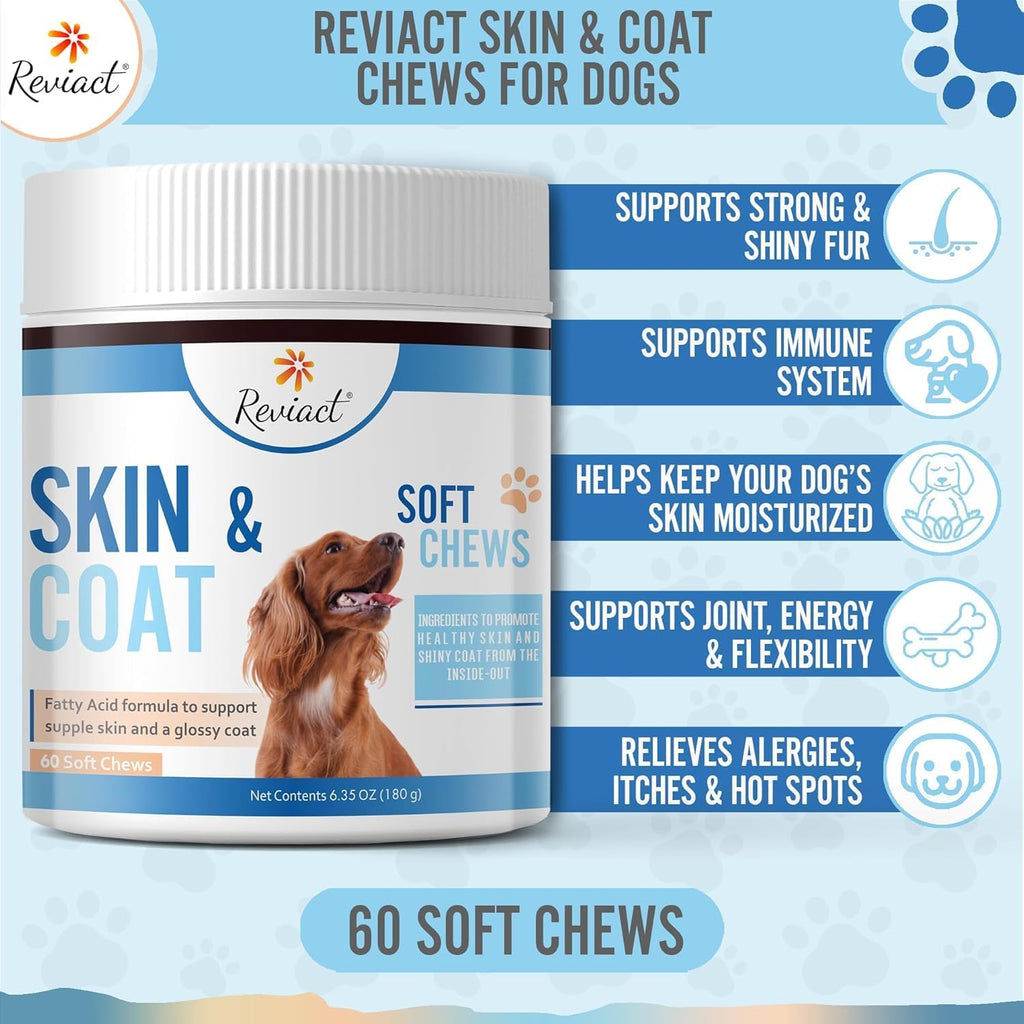 Reviact Complemento para Piel y Pelaje para Perros - Masticables de Aceite de Pescado Omega 3 con DHA, EPA y Biotina, 60 Unidades