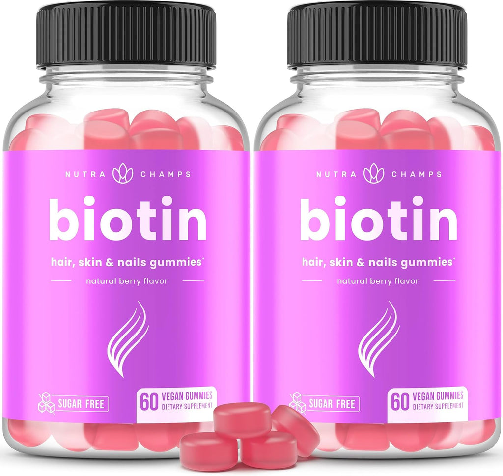 NutraChamps Biotin Gummies Sin Azúcar 10000mcg - Alta Potencia - Gominolas Veganas para Cabello, Piel y Uñas - Sabor Frambuesa (Pack de 2)