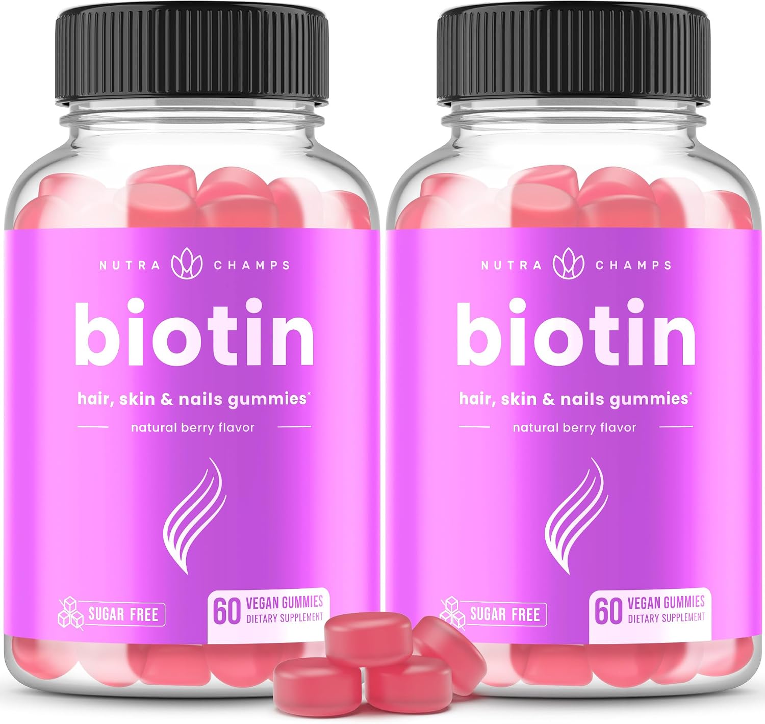 NutraChamps Biotin Gummies Sin Azúcar 10000mcg - Alta Potencia - Gominolas Veganas para Cabello, Piel y Uñas - Sabor Frambuesa (Pack de 2)