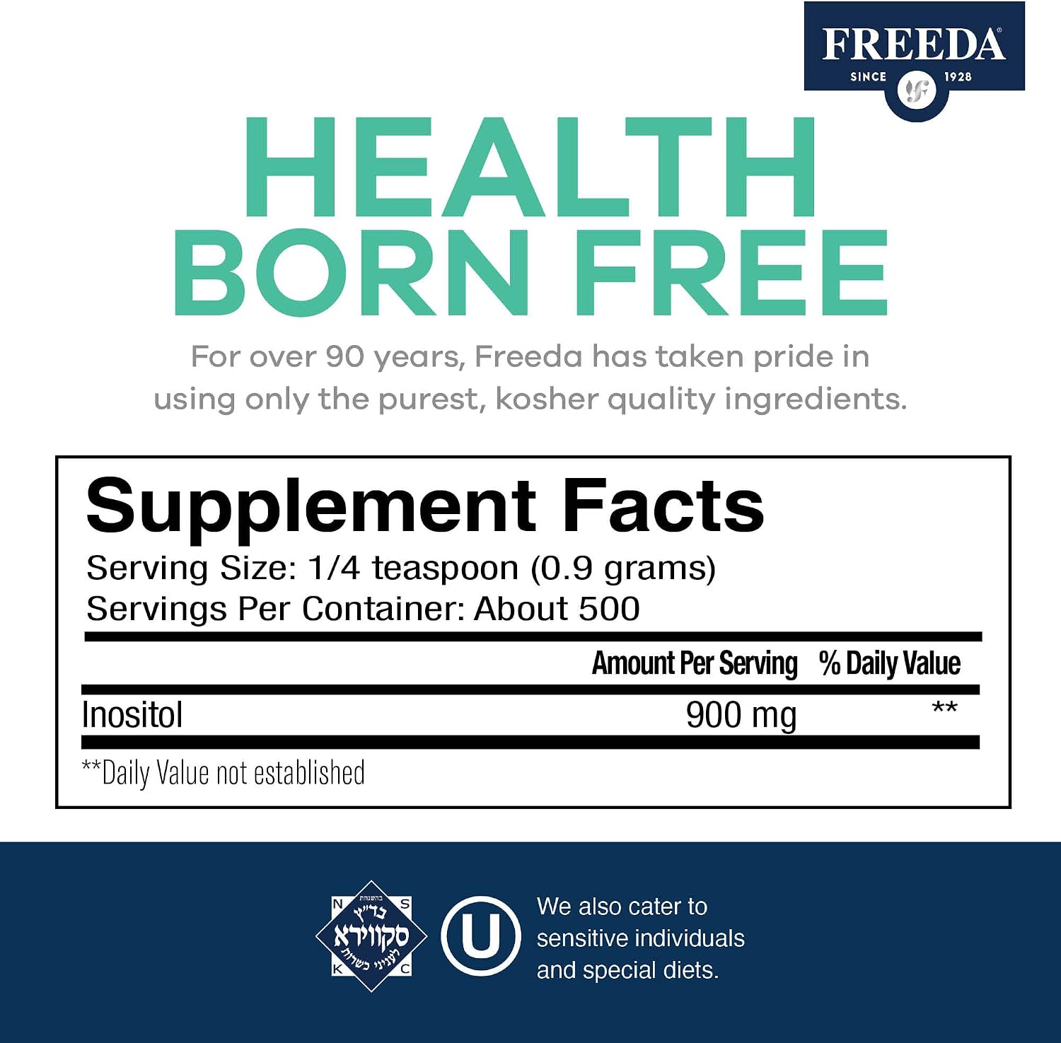 FREEDA Pure Myo-Inositol Powder – Vitamina B8, 900 mg por dosis, Vegano, Sin Gluten (454 g)