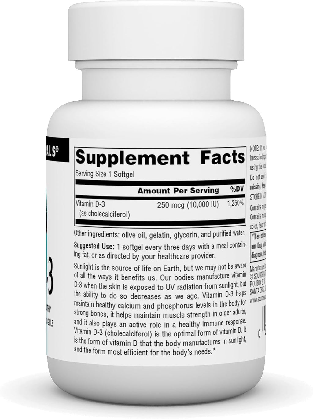 Source Naturals Vitamina D-3, 250 mcg (10.000 UI), 60 Cápsulas Blandas