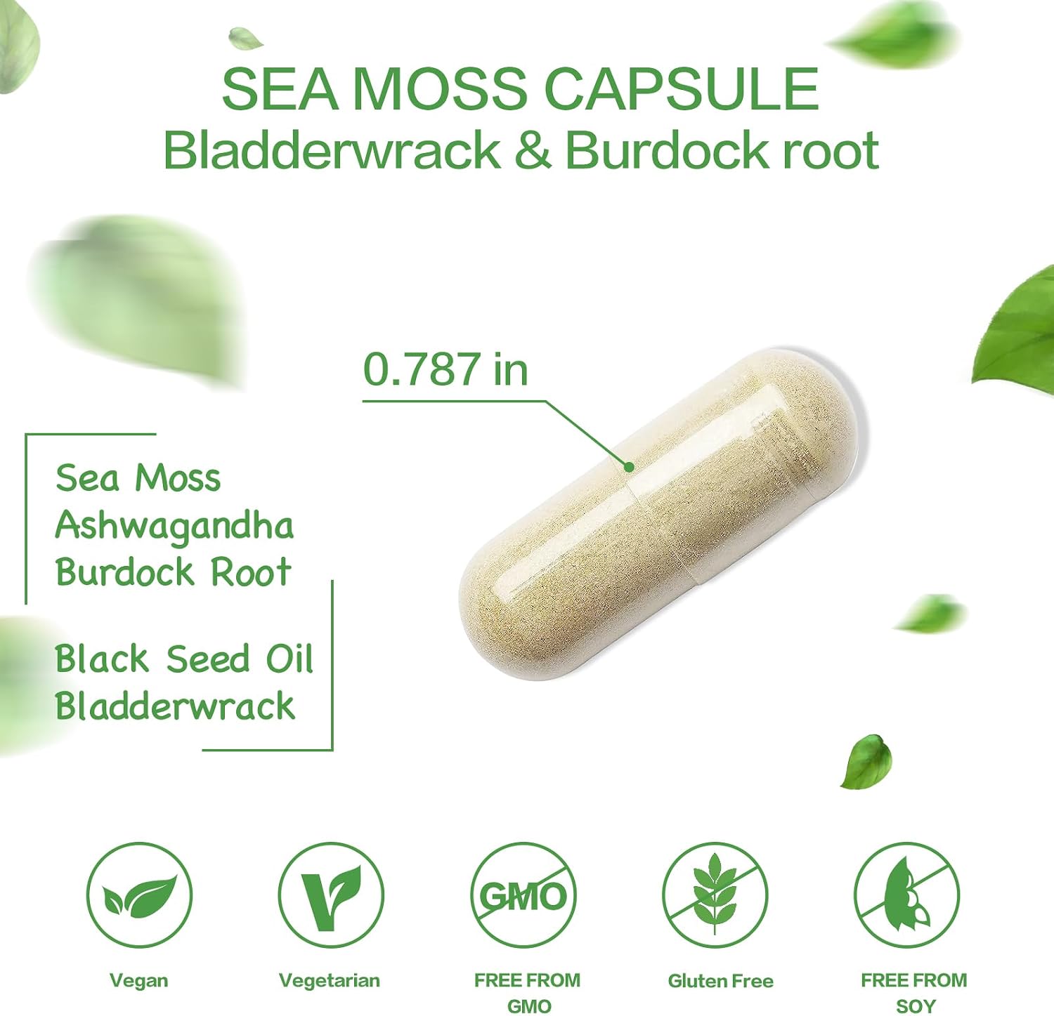 VPKIN Cápsulas de Musgo Marino Orgánico con Fucus, Raíz de Bardana y Extracto de Pimienta Negra - 2000mg por Ración - 120 Cápsulas