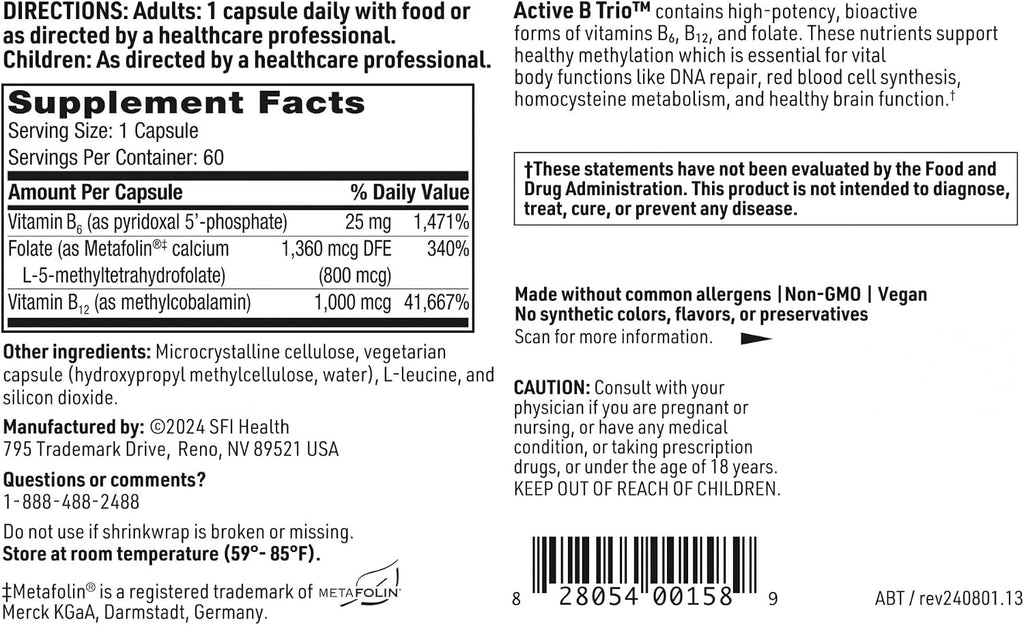 Active B Trio - Complejo de Vitaminas B Metiladas con B6, B12 y Folato (60 Cápsulas)
