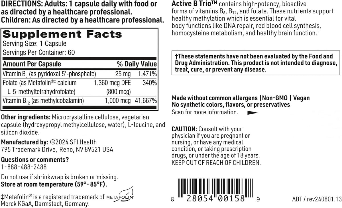 Active B Trio - Complejo de Vitaminas B Metiladas con B6, B12 y Folato (60 Cápsulas) – Image 5