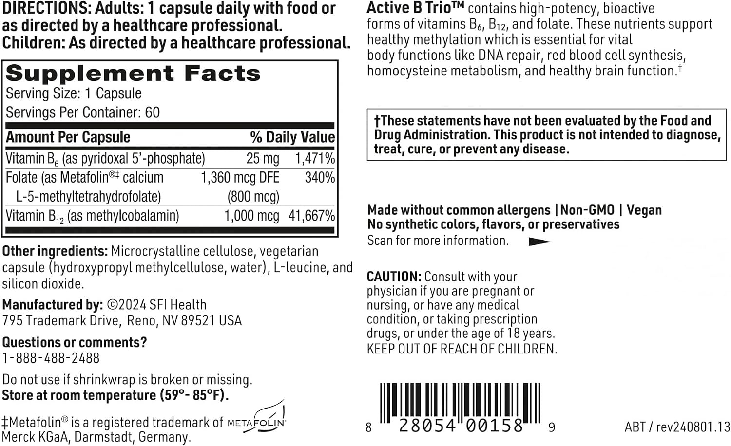 Active B Trio - Complejo de Vitaminas B Metiladas con B6, B12 y Folato (60 Cápsulas)