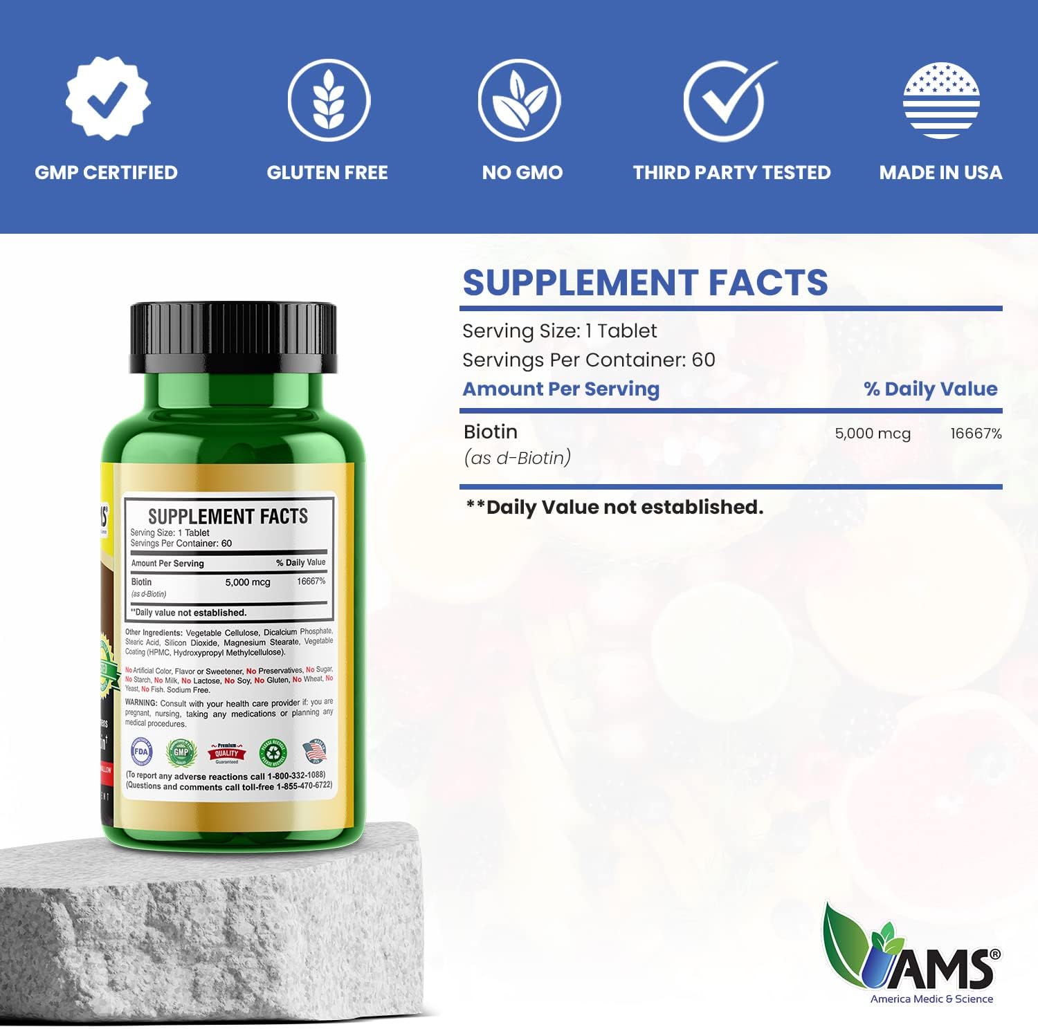 America Medic & Science Biotina 5000 mcg – Complemento de Vitamina B7 para Cabello, Piel y Uñas