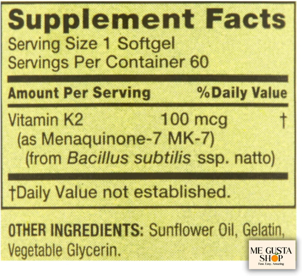 Spring Valley Vitamina K2 100 mcg, 60 Cápsulas Blandas con Pastillero