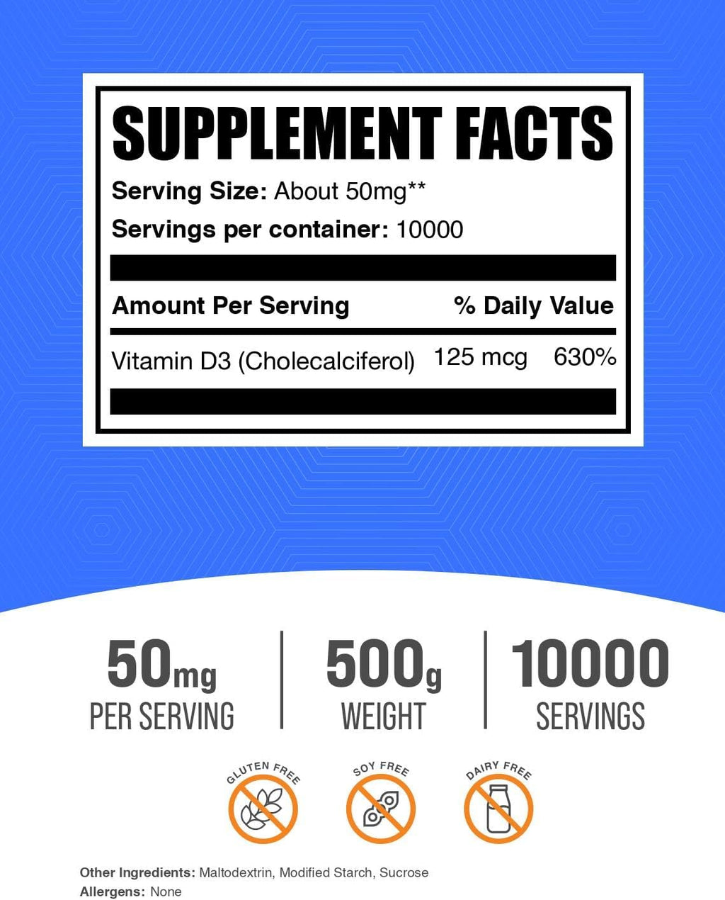 Vitamin D3 Powder - Cholecalciferol, 5000 IU per Dose (125 mcg), 500 g