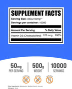 Vitamin D3 Powder - Cholecalciferol, 5000 IU per Dose (125 mcg), 500 g