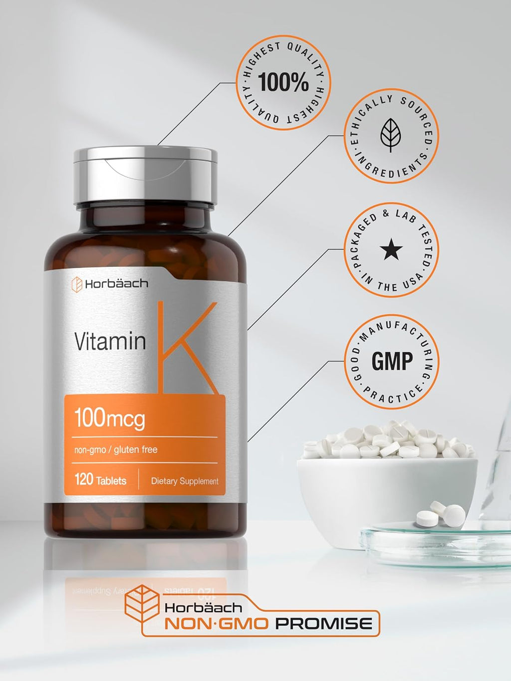 Horbäach Vitamina K Suplemento | 100mcg | 120 Comprimidos | Vegetariano, Sin Gluten y No GMO