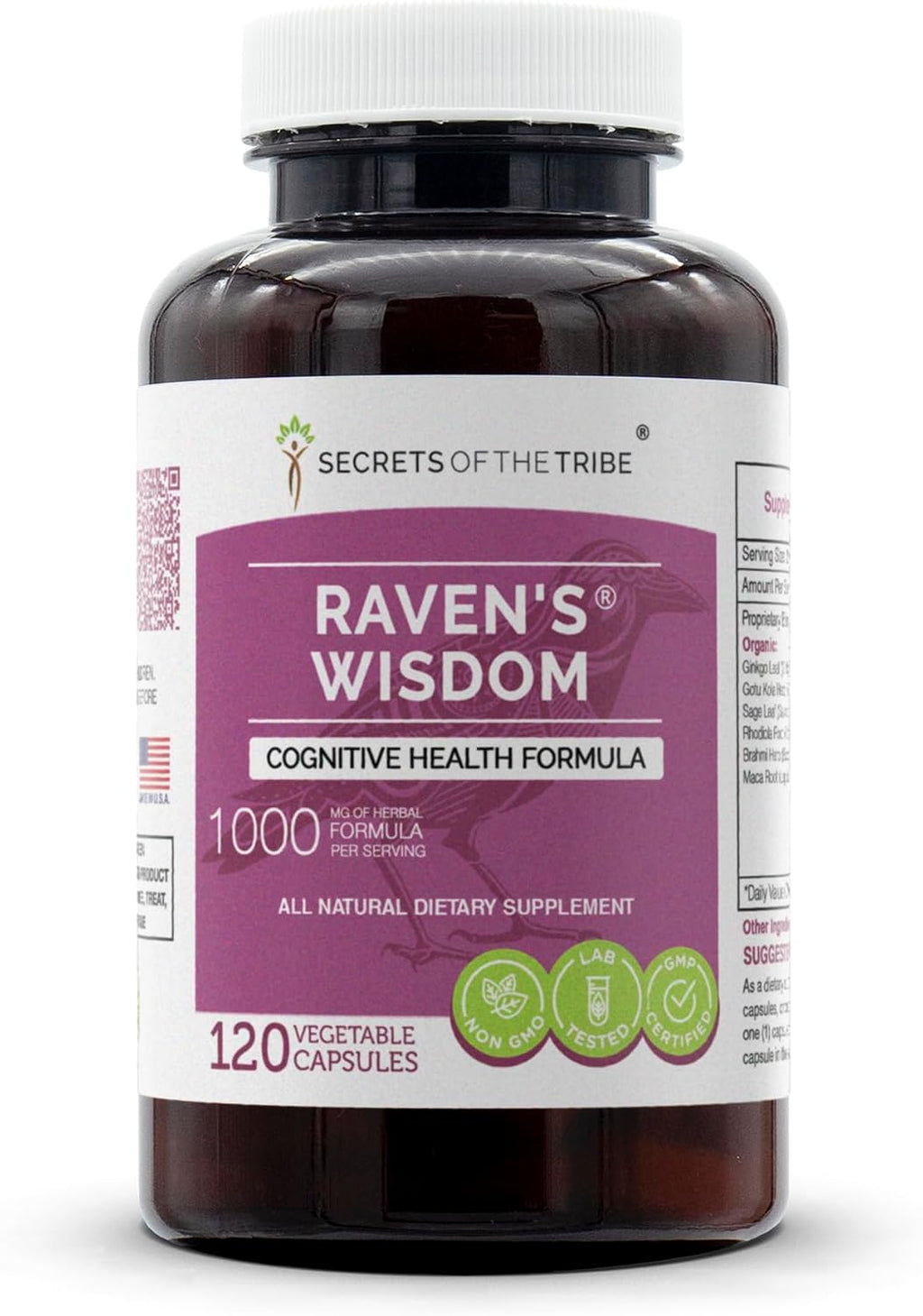 Secrets of the Tribe - Raven's Wisdom, Fórmula Cognitiva, Suplemento Herbal (120 Cápsulas)