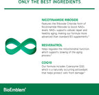 BioEmblem NAD+ Suplemento | 300 mg Nicotinamida Ribósido con CoQ10 y Resveratrol | Apoya el Envejecimiento Saludable, Energía Celular y Función Cognitiva | No OGM, Sin Gluten - 45 Cápsulas