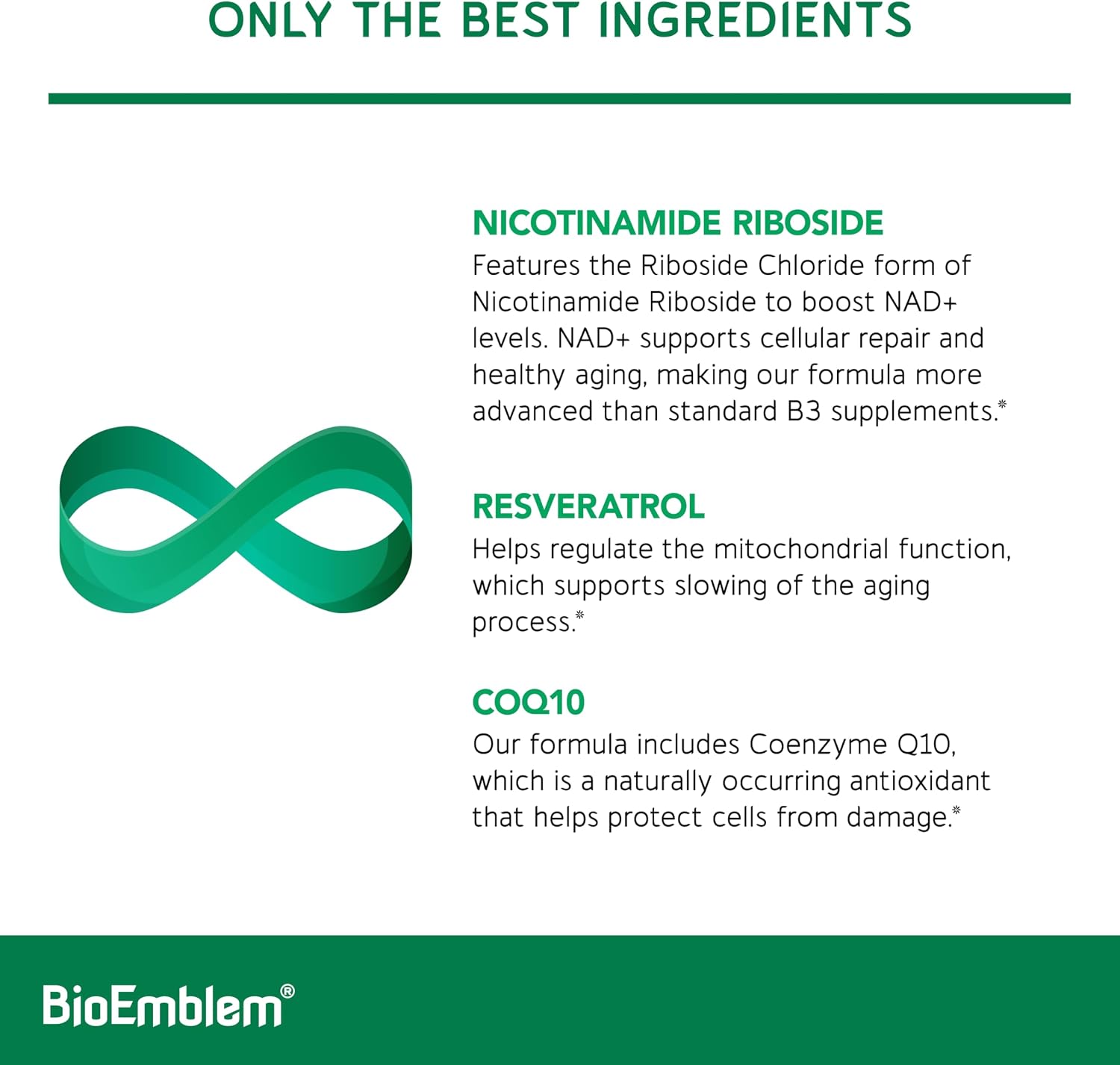 BioEmblem NAD+ Suplemento | 300 mg Nicotinamida Ribósido con CoQ10 y Resveratrol | Apoya el Envejecimiento Saludable, Energía Celular y Función Cognitiva | No OGM, Sin Gluten - 45 Cápsulas