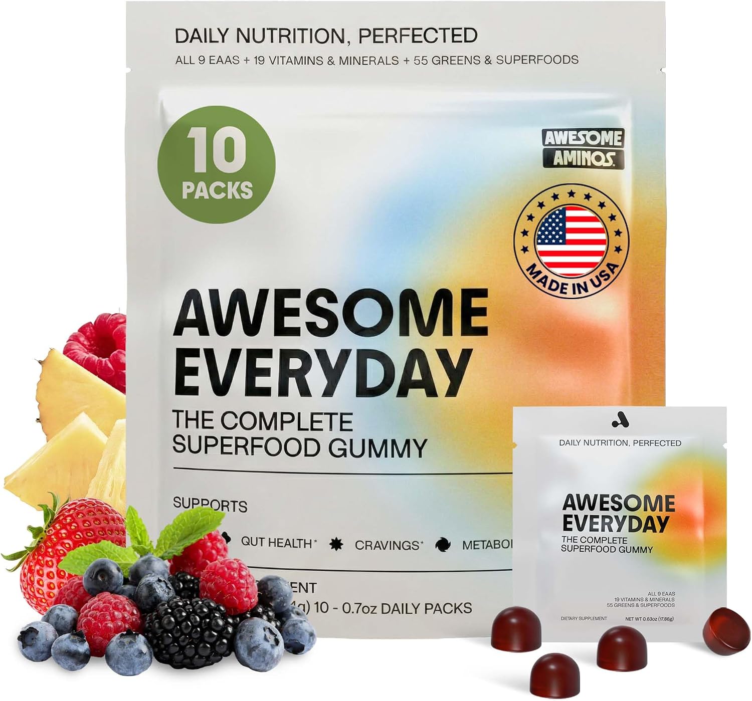 Awesome Everyday Essential Daily Nutrition Gummies – Gominolas Nutricionales Diarias con Aminoácidos Esenciales, Vitaminas, Minerales y Superalimentos Fermentados