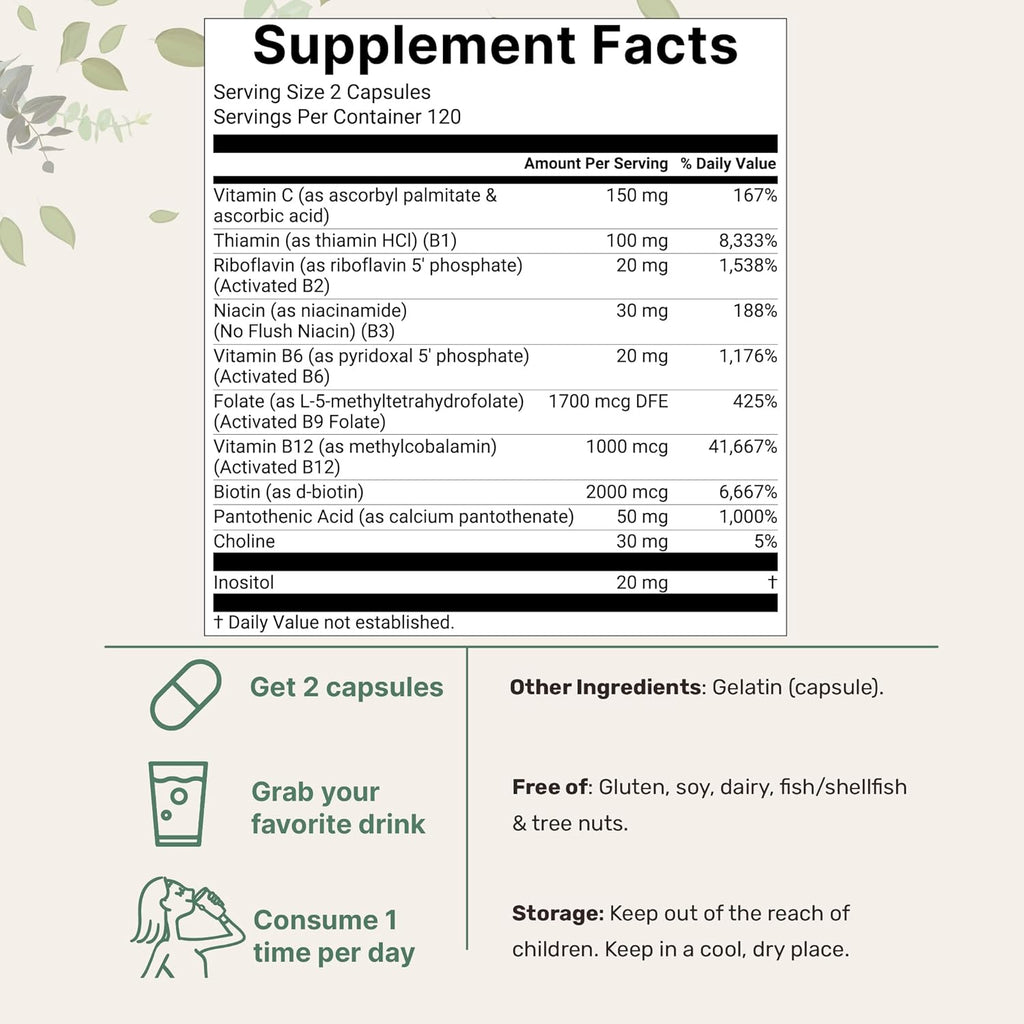 Micro Ingredients Pure Methylated B Complex, 240 Cápsulas | Complejo B Metilado 11 en 1 con Metilfolato y B12