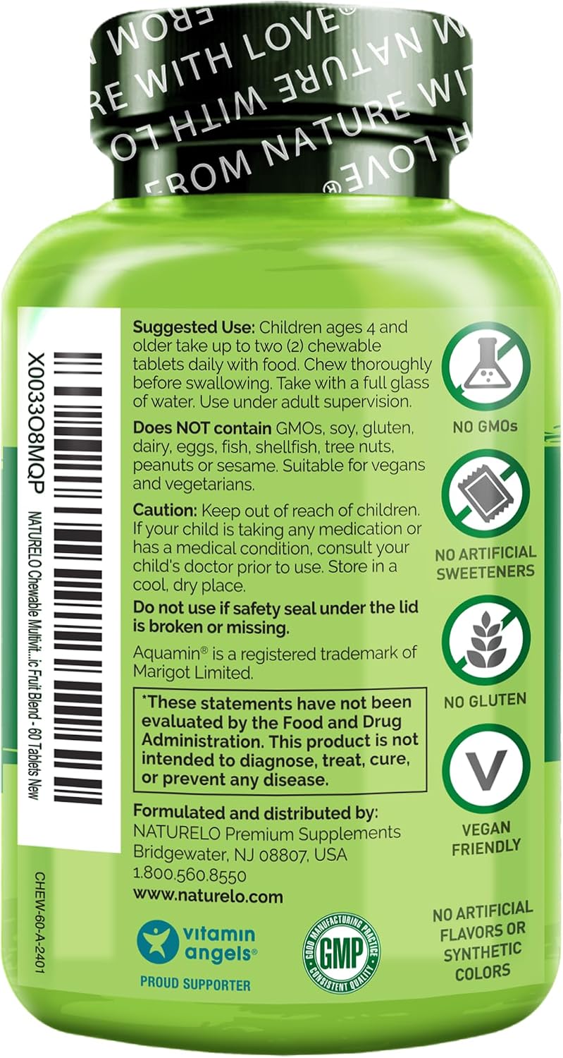 NATURELO Multivitamínico Masticable para Niños con Mezcla de Frutas y Verduras Ecológicas - 60 Comprimidos (Paquete de 2)