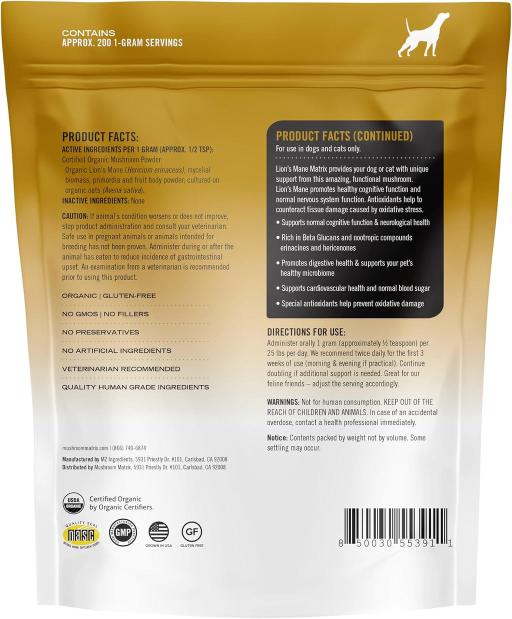 Om Mushroom Matrix Polvo de Melena de León para Mascotas, 200g