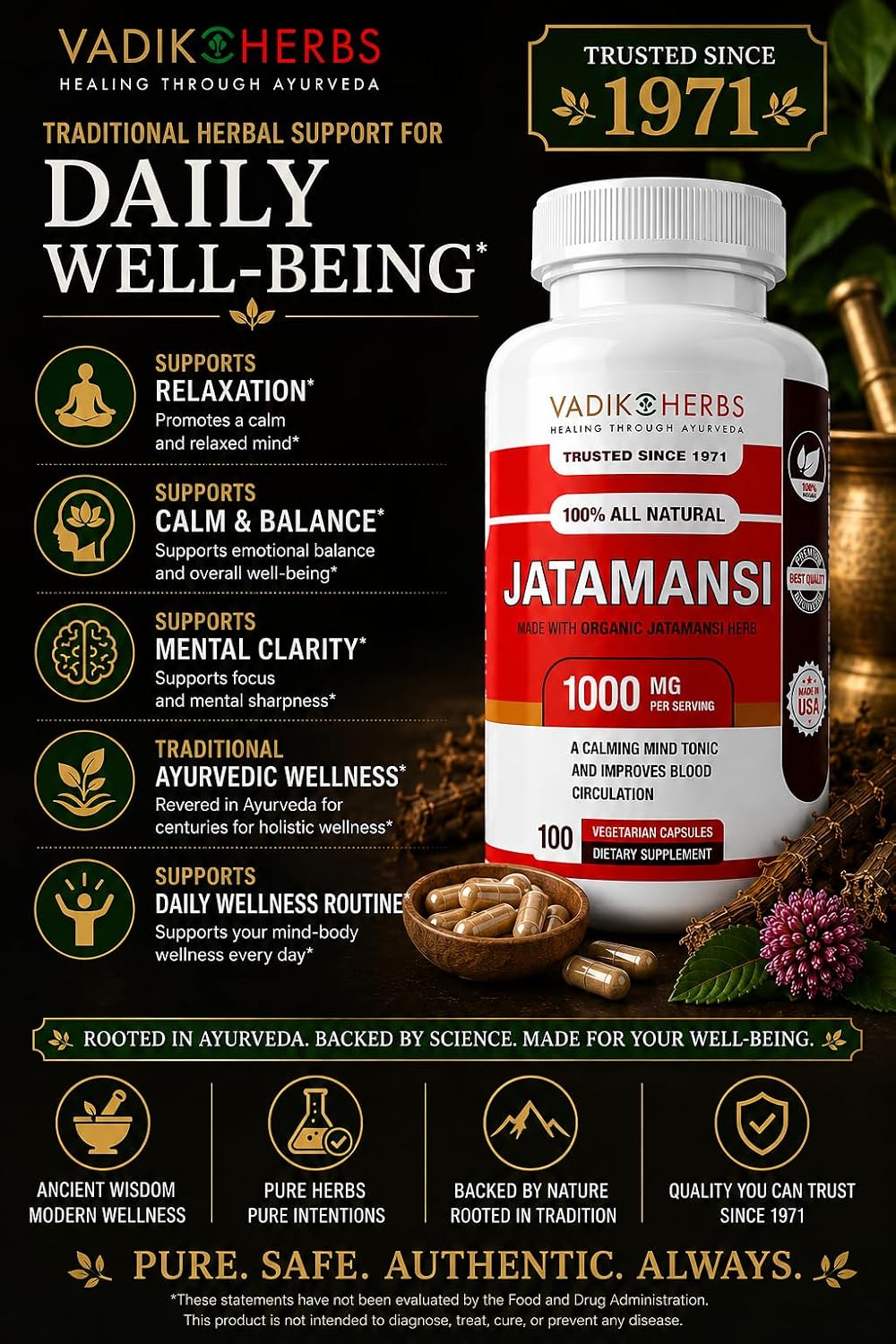 Vadik Herbs Jatamansi Cápsulas 1000mg – Raíz Orgánica de Jatamansi (Nardostachys jatamansi) – Hierba Ayurvédica para la Calma, Claridad y Sueño Reparador – 100 Cápsulas Vegetales – No Transgénico