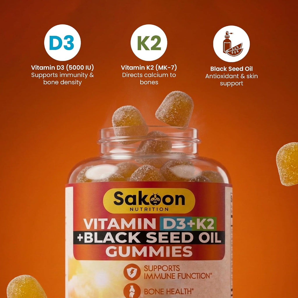 Sakoon Vitamin D3 K2 Gummies 5000 UI con Aceite de Semilla Negra para Mujer y Hombre