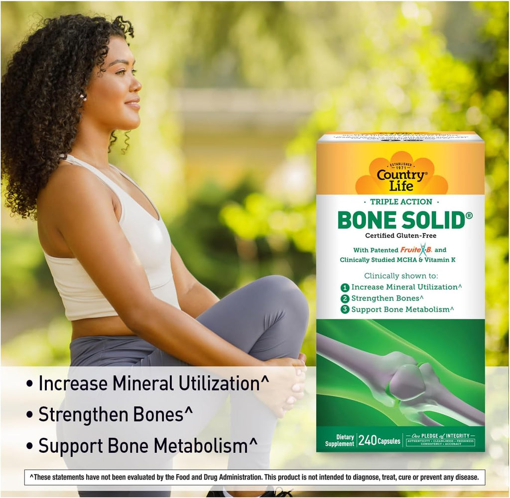 Country Life Bone Solid - Suplemento para la salud ósea con MCHA, Calcio, Magnesio, Zinc, Vitaminas K2 y D3 - 240 cápsulas