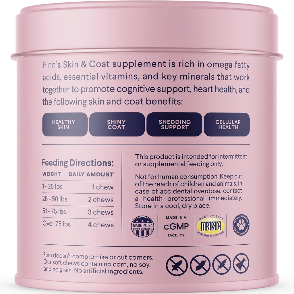 Finn Masticables de Aceite de Salmón para Perros – Piel y Pelaje – Omega-3 EPA y DHA – 90 unidades – Biotina, Zinc y Vitaminas B – Salmón Salvaje de Alaska – Certificado NASC – Formulado por Veterinarios