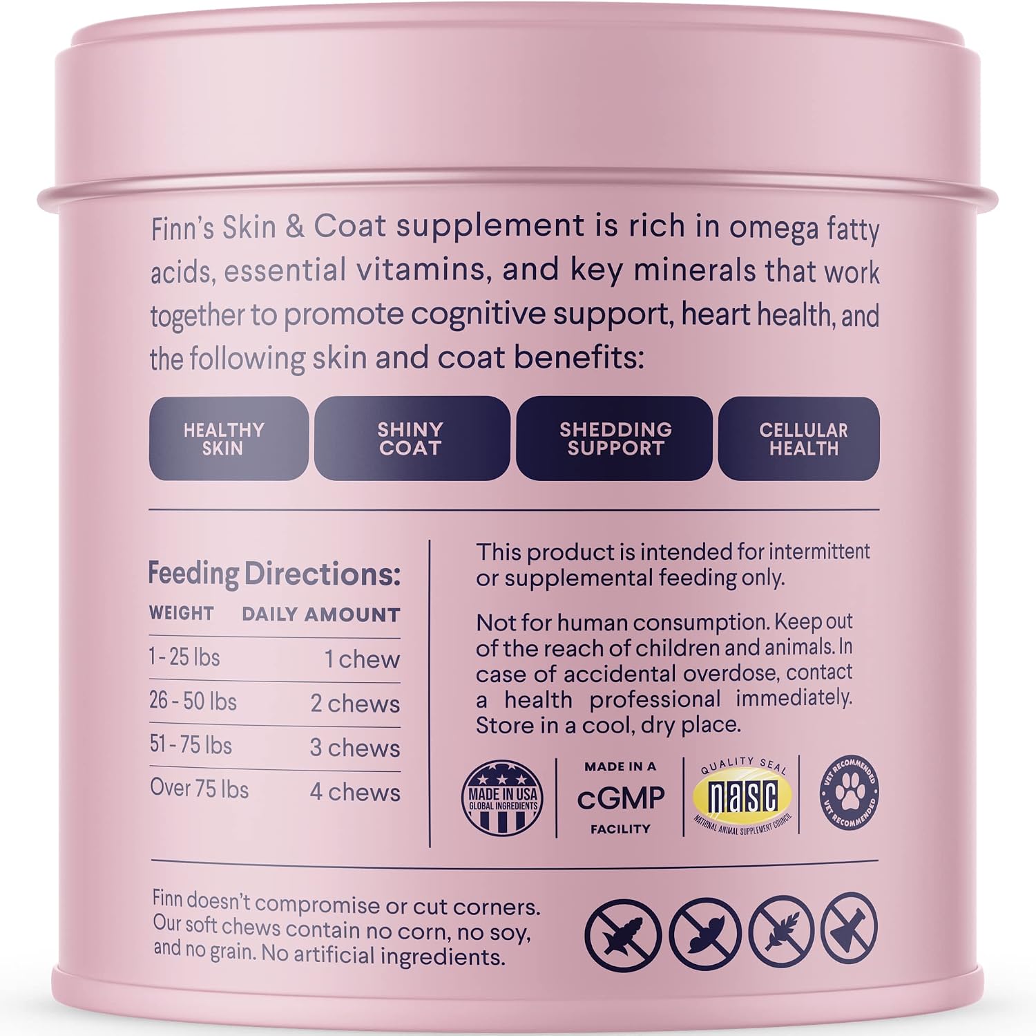 Finn Masticables de Aceite de Salmón para Perros – Piel y Pelaje – Omega-3 EPA y DHA – 90 unidades – Biotina, Zinc y Vitaminas B – Salmón Salvaje de Alaska – Certificado NASC – Formulado por Veterinarios