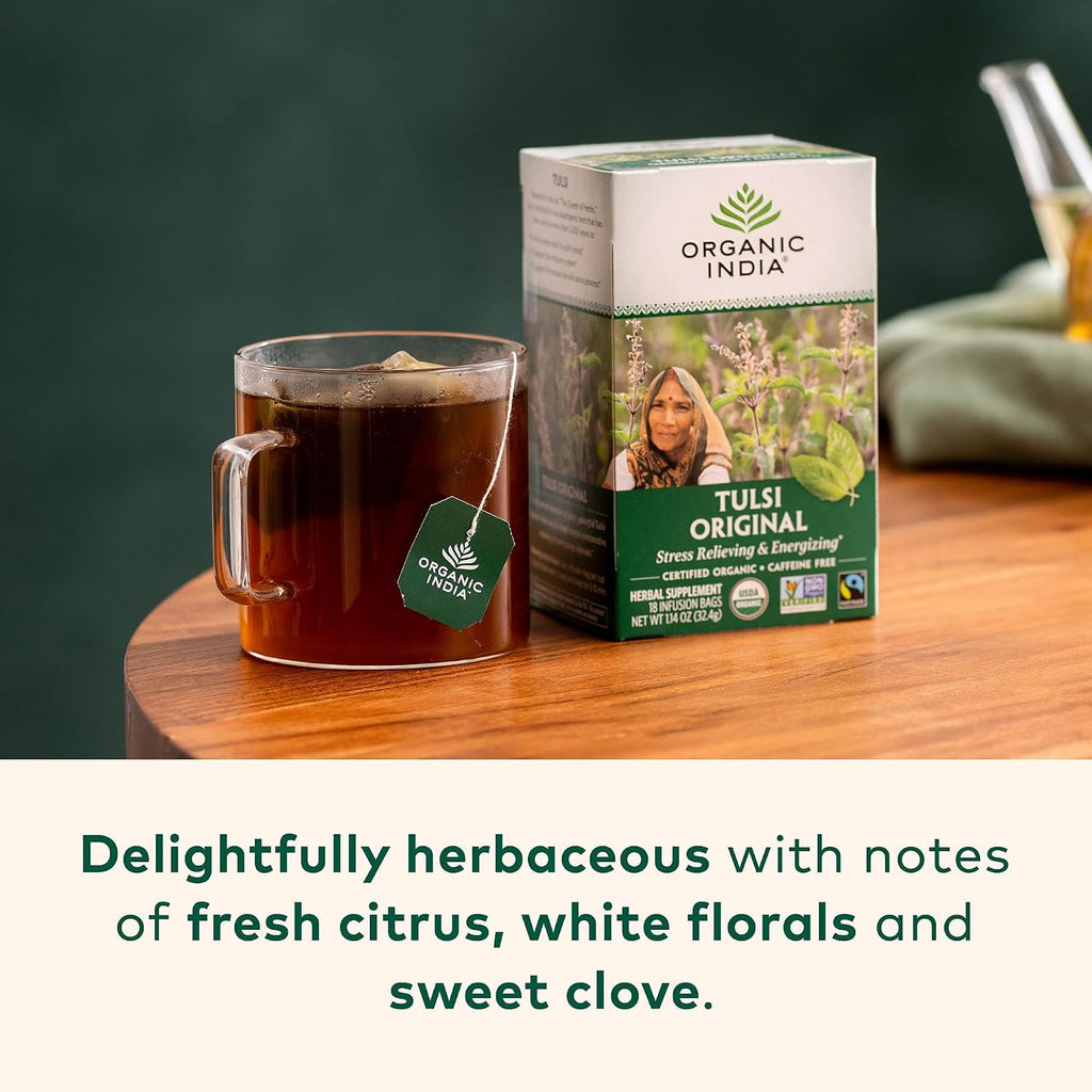 ORGANIC INDIA Té de Tulsi Original - Infusión de Albahaca Sagrada y Albahaca Africana, Relajante, Sin Cafeína - 18 Bolsitas, Pack de 3