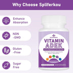 ADEK Vitaminas Complemento: A + D3 + E + K1 + K2 con Minerales y Antioxidantes, Sin Gluten, 60 Cápsulas