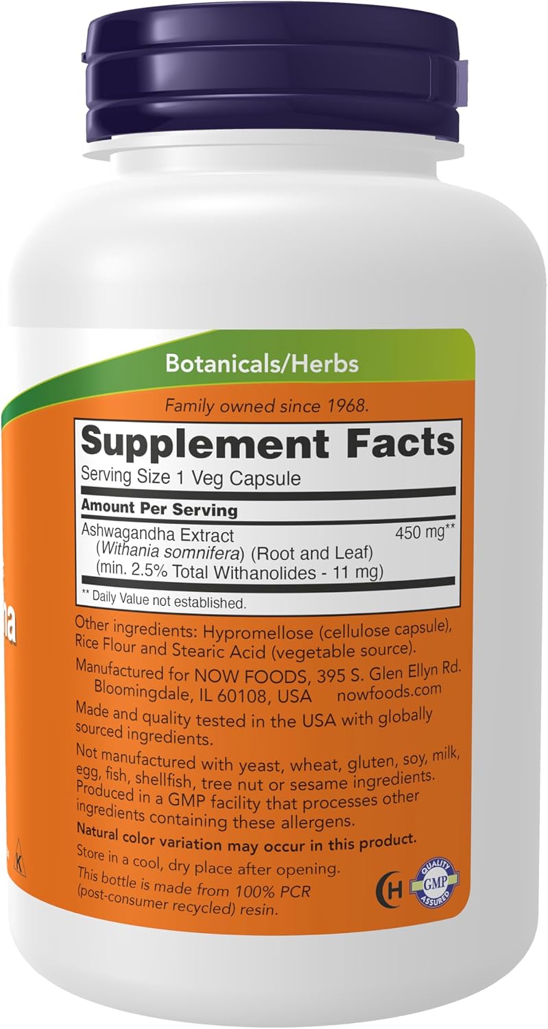 NOW Foods Ashwagandha 450 mg (Extracto Estandarizado), 180 Cápsulas Vegetales