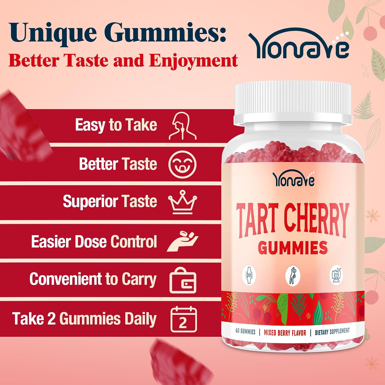 Yonrave Gominolas de Cereza Ácida – Suplemento Vegano con Vitamina C y Semilla de Apio – Sabor a Bayas Mixtas, 60 Unidades